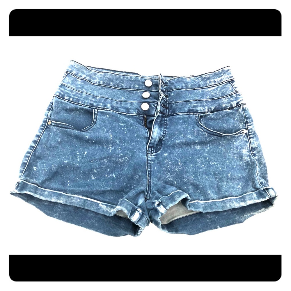 High waisted stone washed faux denim jean shorts